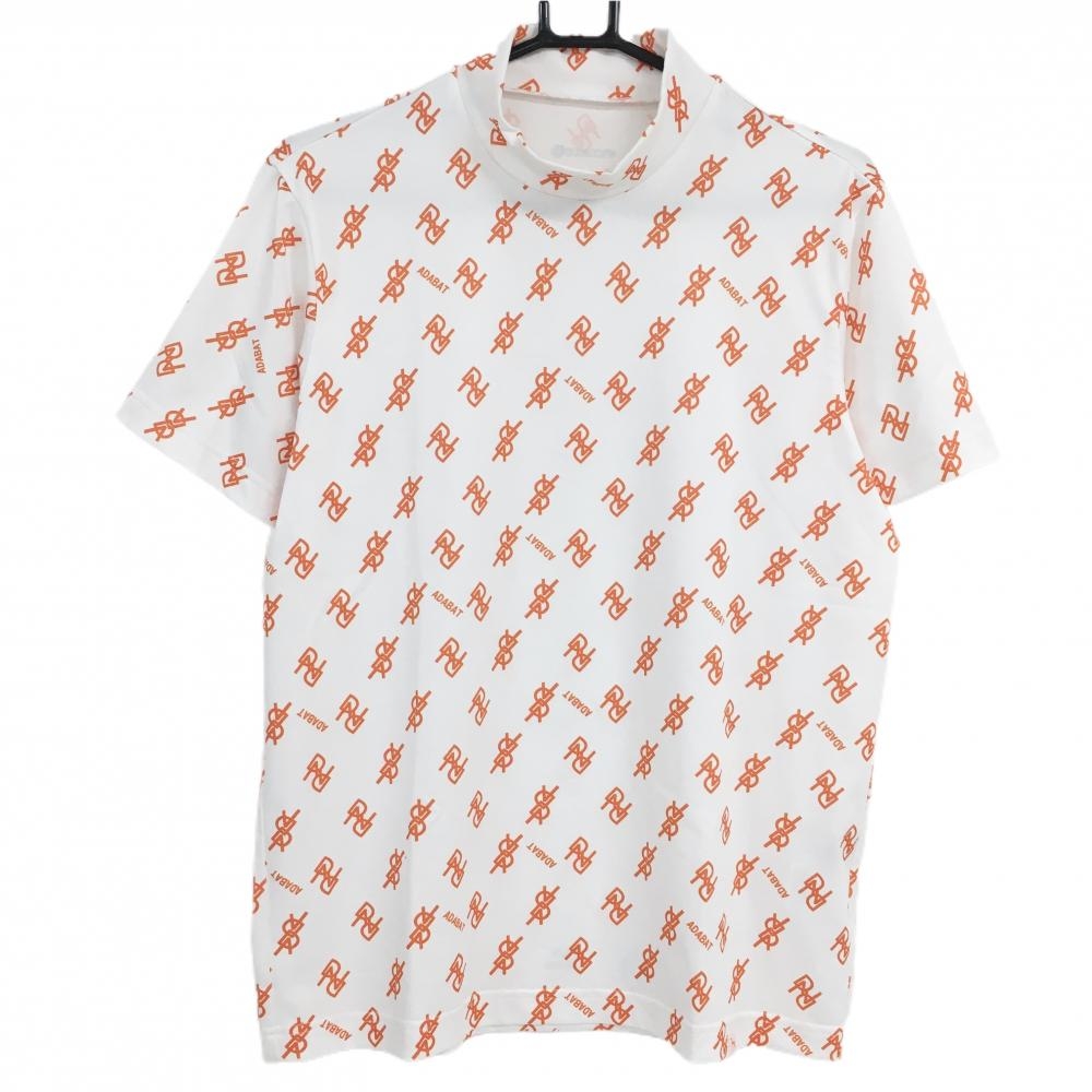 【超美品】アダバット 半袖ハイネックシャツ 白×オレンジ ロゴ総柄 メンズ 48(L) ゴルフウェア adabat
