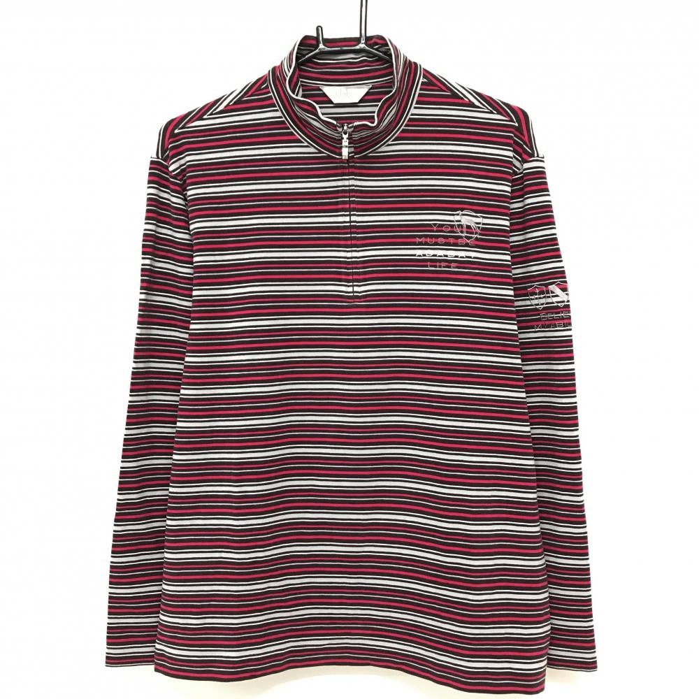 アダバット 長袖ハイネックシャツ 黒×レッドピンク ボーダー ハーフジップ 表微起毛  メンズ 48(L) ゴルフウェア adabat