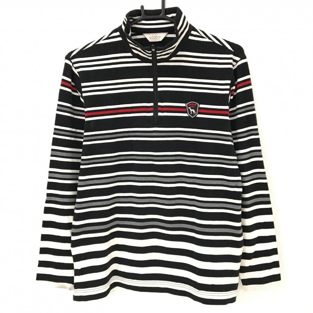 アダバット 長袖ハイネックシャツ 黒×白 ボーダー 表微起毛 ハーフジップ メンズ 46(M) ゴルフウェア adabat