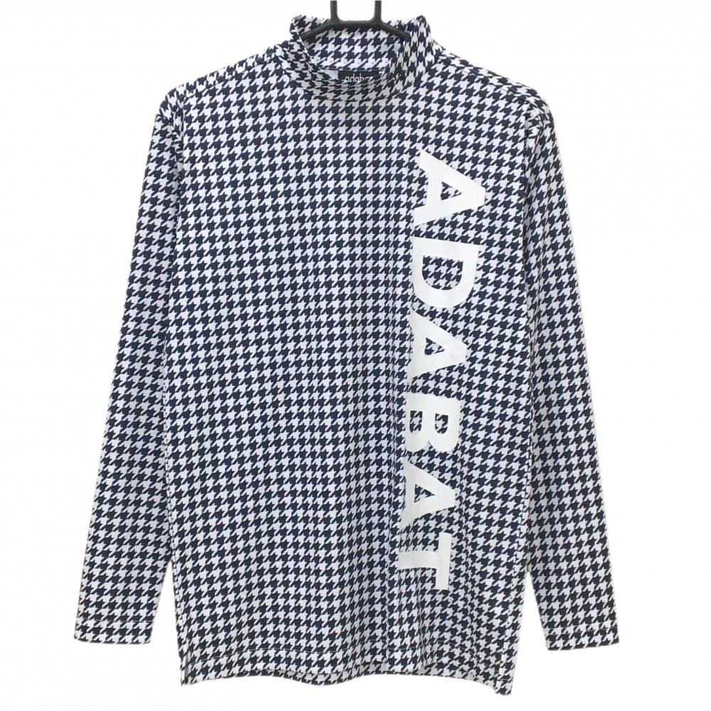 【超美品】アダバット 長袖ハイネックシャツ ネイビー×白 千鳥格子 ビッグロゴ白 メンズ M ゴルフウェア adabat