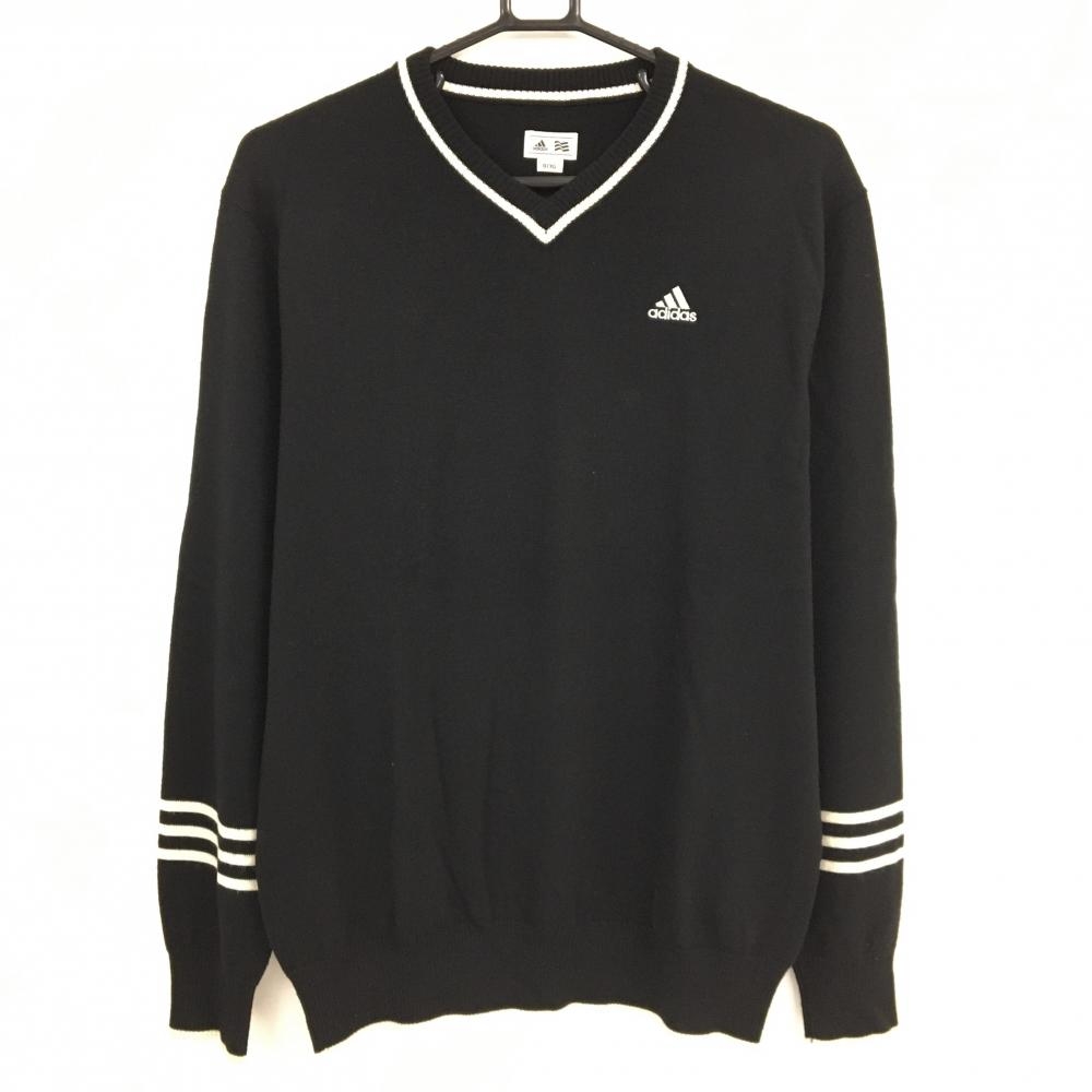【美品】アディダス セーター 黒×白 袖3ライン ウール混 ニット メンズ O/XG ゴルフウェア adidas