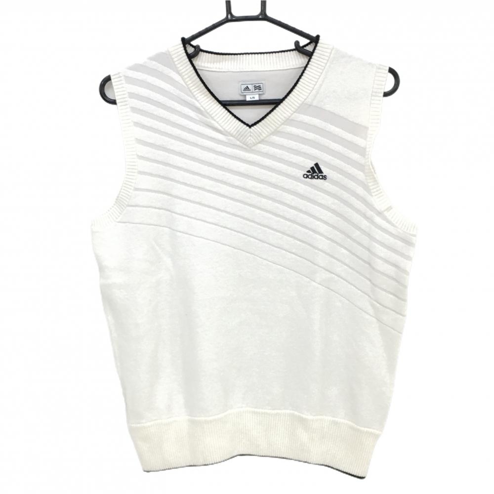 【美品】アディダス ニットベスト アイボリー×黒 上身頃斜めボーダー Vネック メンズ L/G ゴルフウェア adidas
