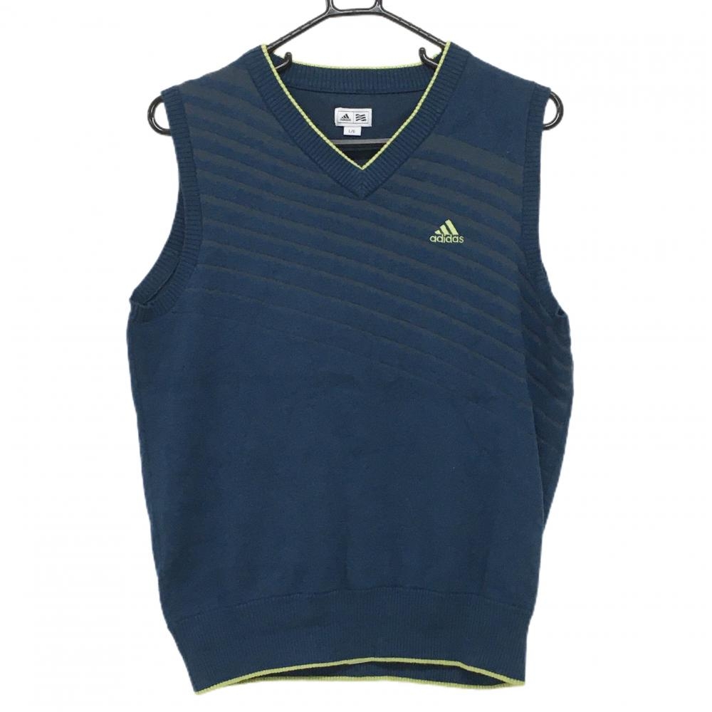 アディダス ニットベスト ブルーネイビー×ライトグリーン 一部斜めストライプ Vネック ウール混  メンズ L/G ゴルフウェア adidas