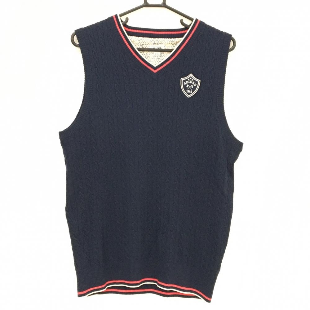 アディダス ニットベスト ネイビー×ピンク ケーブル編み Vネック ウール混  メンズ O/XG ゴルフウェア adidas