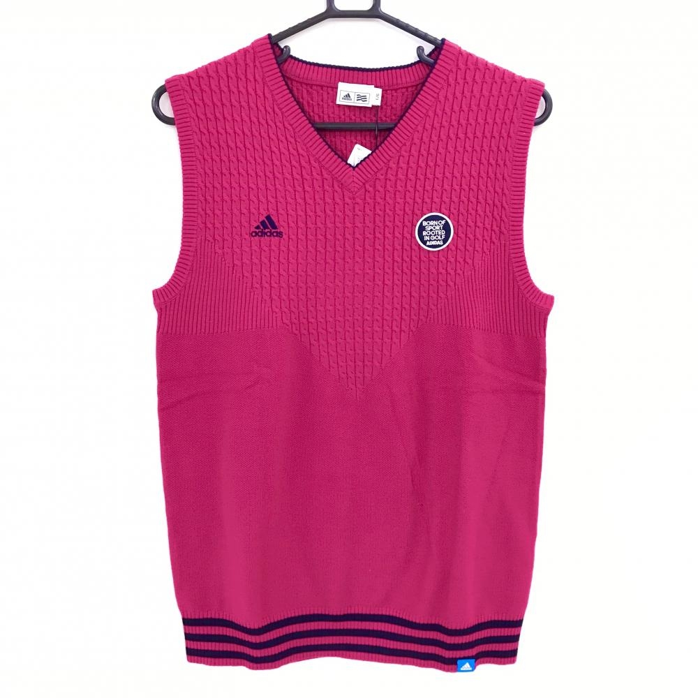 【新品】アディダス ニットベスト ピンク×ネイビー 一部ケーブル編み Vネック メンズ L/G ゴルフウェア adidas