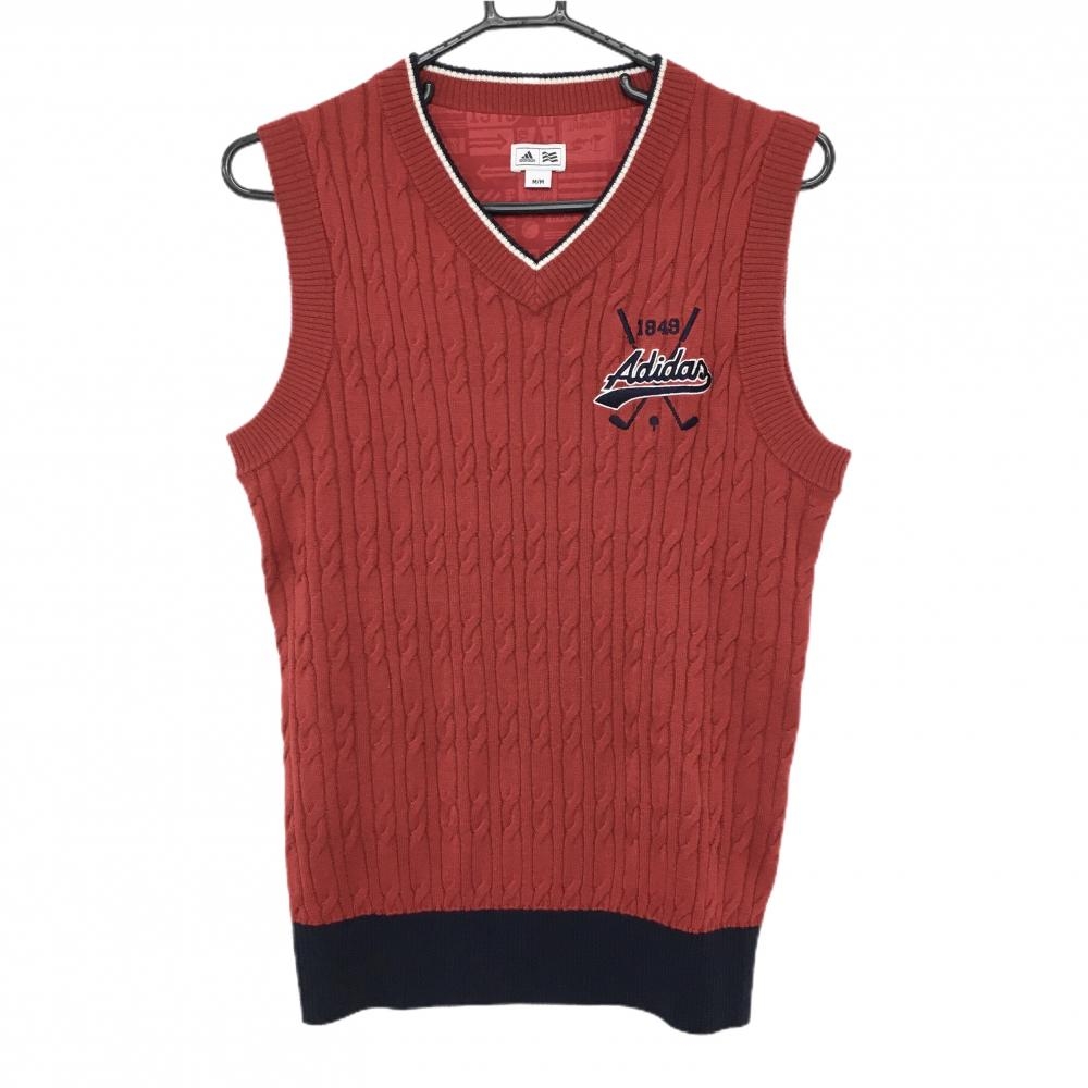 【美品】アディダス ニットベスト レッド×ダークネイビー ウール混 胸ロゴ刺しゅう Vネック メンズ M/M ゴルフウェア adidas