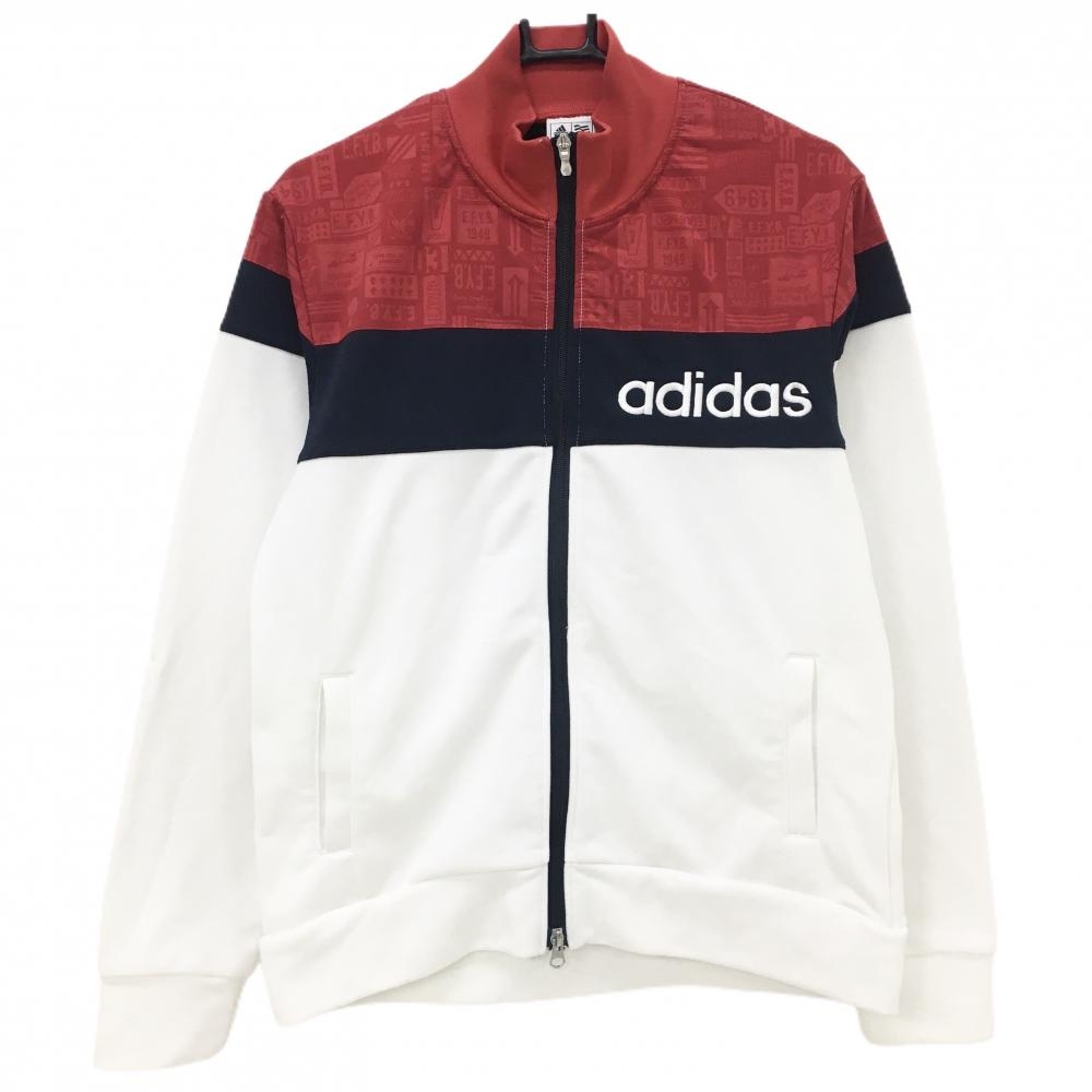 【美品】アディダス ジャケット 白×ネイビー×レッド 上部柄 裏微起毛 3トーンカラー メンズ O/XG(XL) ゴルフウェア adidas