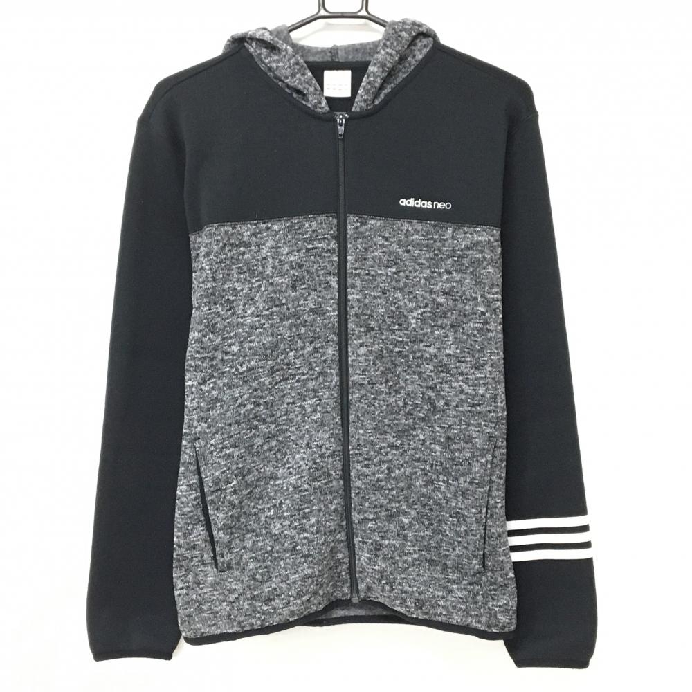 【美品】アディダスneo ニットジップパーカー 杢グレー×黒 袖3ライン 裏起毛 メンズ Ｍ ゴルフウェア adidas