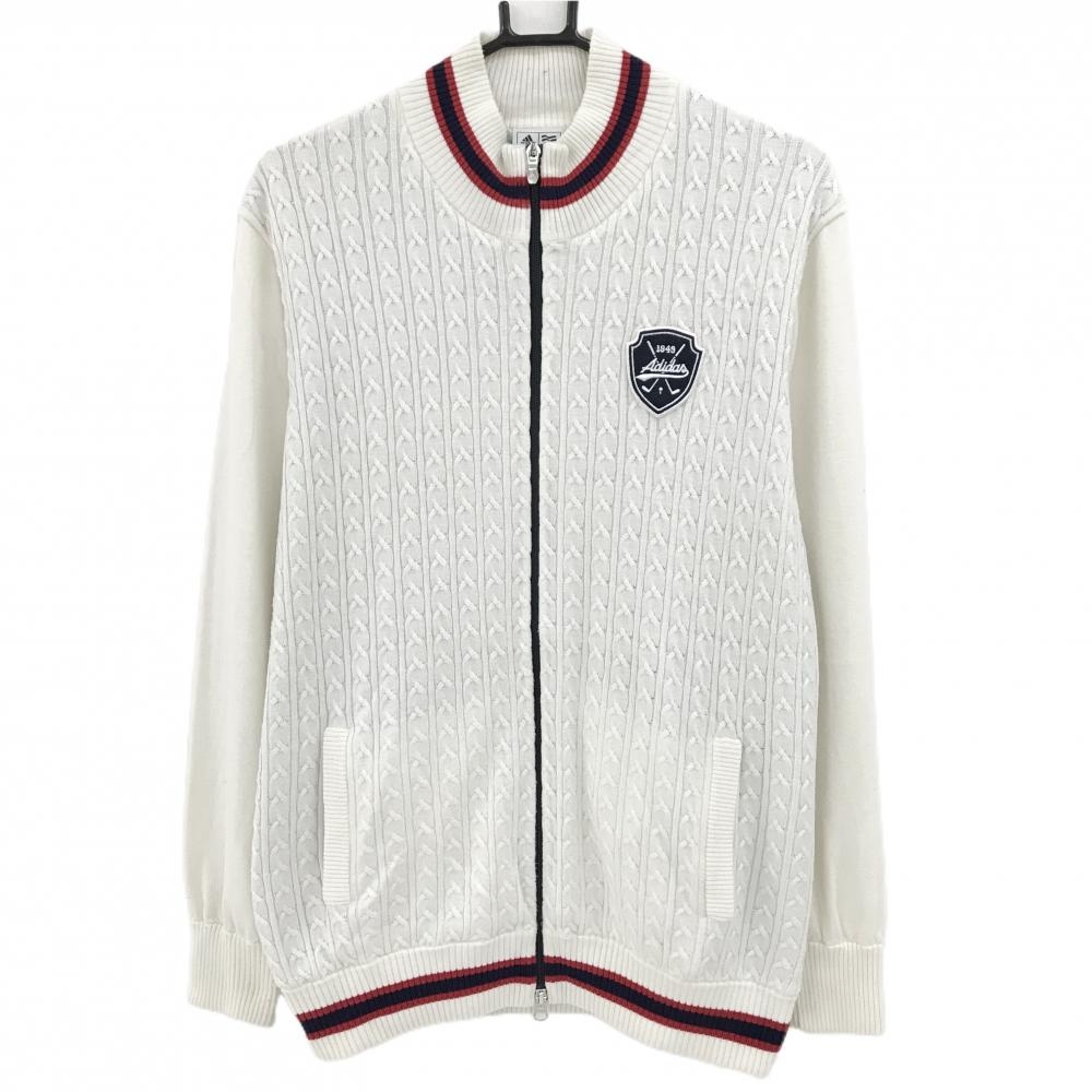 アディダス ニットジャケット 白×ネイビー 前身頃ケーブル編み 蓄熱裏地 メンズ O ゴルフウェア adidas