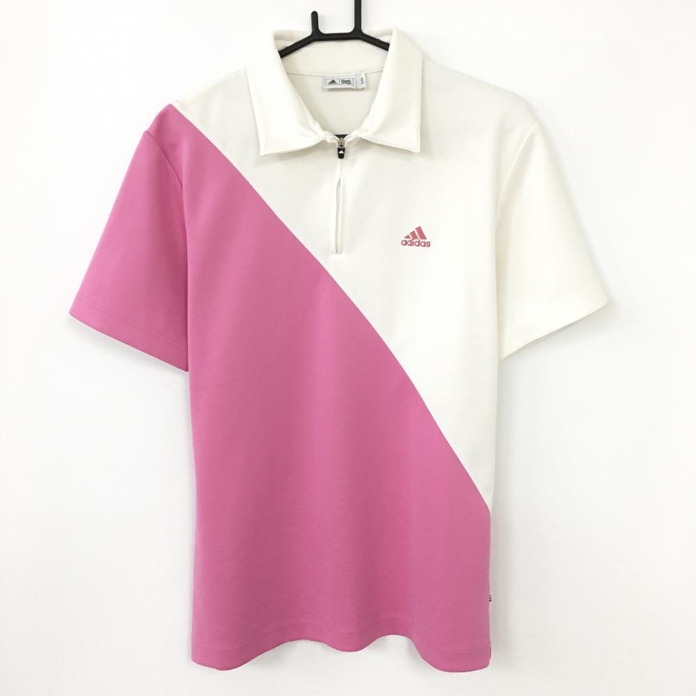 【美品】adidas アディダス 半袖ポロシャツ 白×ピンク バイカラー ハーフジップ ストレッチ メンズ L/G ゴルフウェア