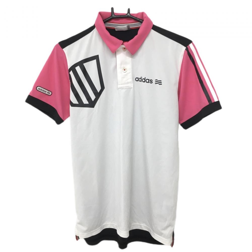 【美品】アディダス 半袖ポロシャツ 白×ピンク×黒 バックロゴ メンズ S ゴルフウェア adidas