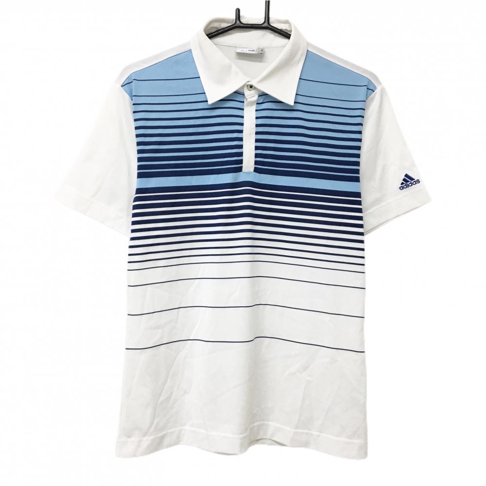 【美品】アディダス 半袖ポロシャツ 白×ブルー ランダムボーダー 袖下メッシュ  メンズ L/G ゴルフウェア adidas