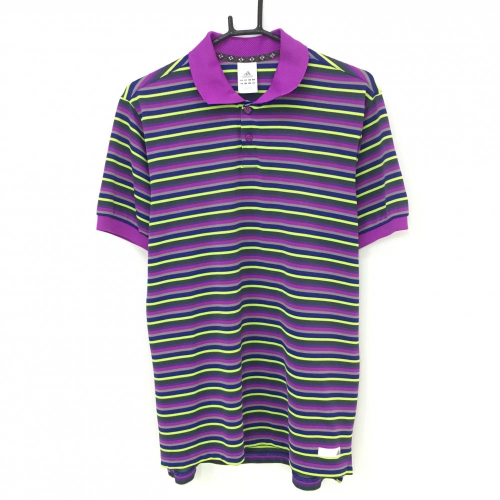 【超美品】アディダス 半袖ポロシャツ パープル×蛍光イエロー ボーダー クリマライト 襟一部透かし編み メンズ O ゴルフウェア adidas