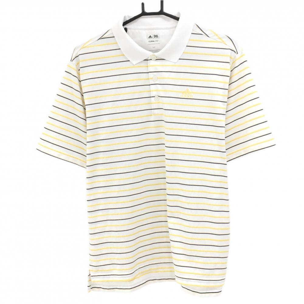 【美品】アディダス 半袖ポロシャツ 白×イエロー ボーダー CLIMALITE メンズ L/G ゴルフウェア adidas