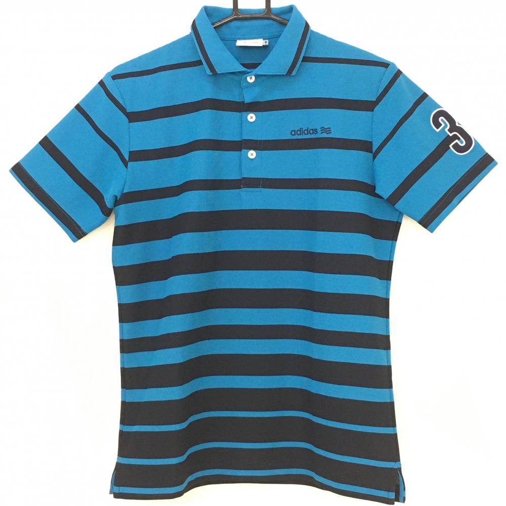 アディダス 半袖ポロシャツ ブルー×黒 ボーダー調 ロゴ刺しゅう  メンズ M/M ゴルフウェア adidas 画像