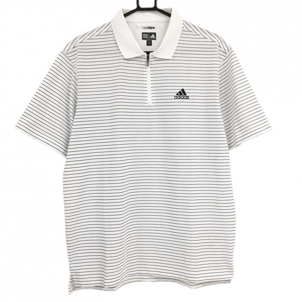 アディダス 半袖ポロシャツ 白×黒 ボーダー ハーフジップ メンズ L/G ゴルフウェア adidas