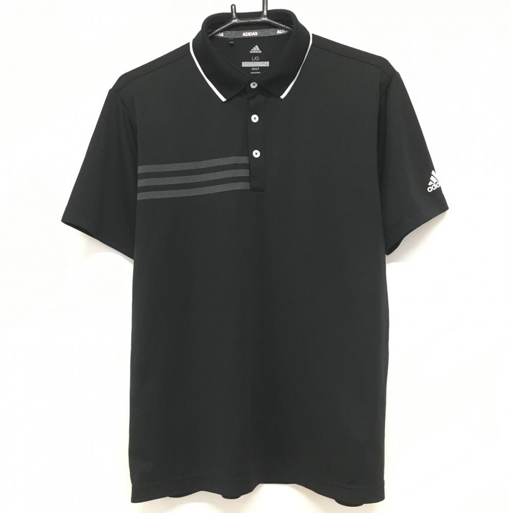 【美品】アディダス 半袖ポロシャツ 黒×白 胸元3ライン メンズ L/G ゴルフウェア adidas