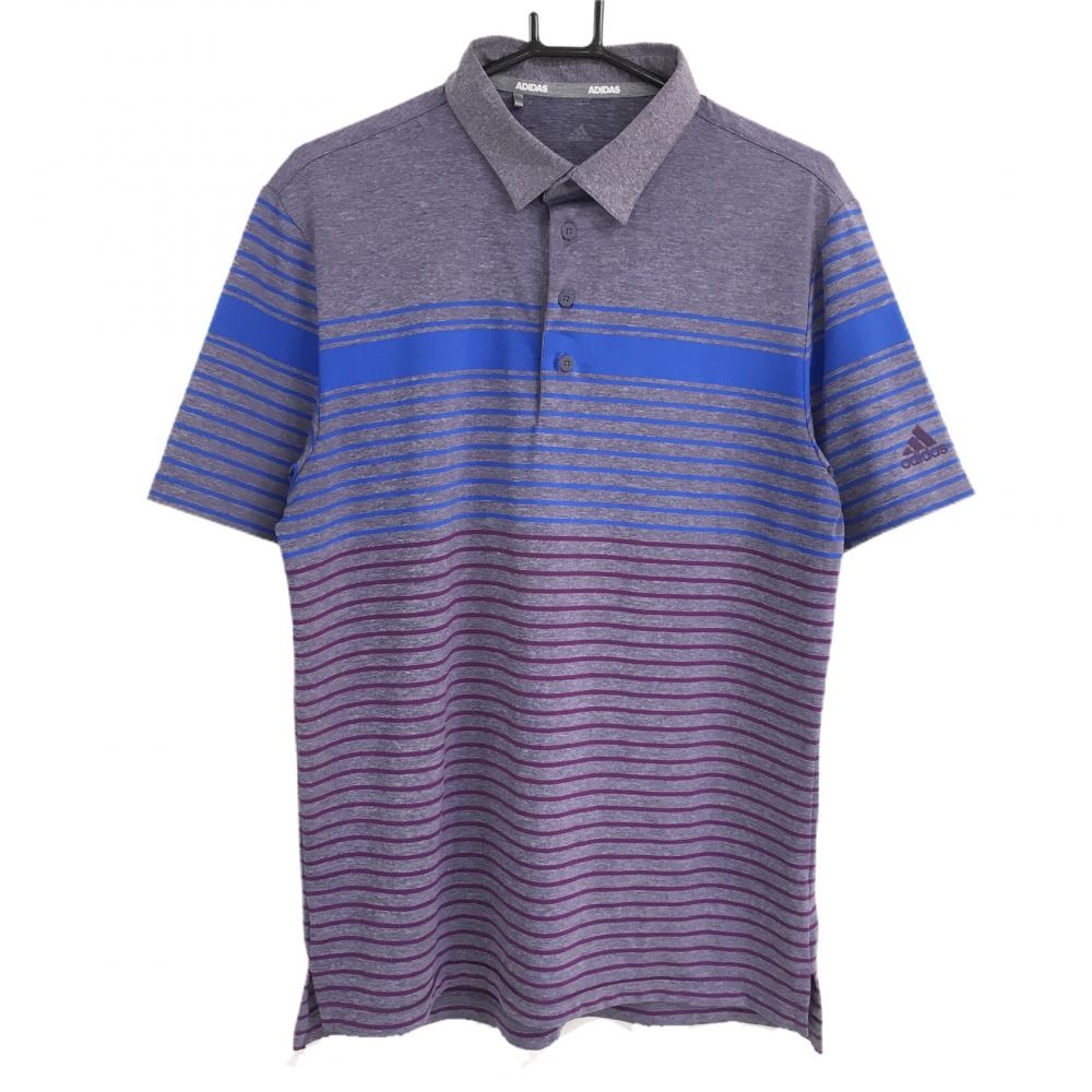 【美品】アディダス 半袖ポロシャツ パープル×ブルー ボーダー 袖ロゴプリント メンズ  ゴルフウェア adidas