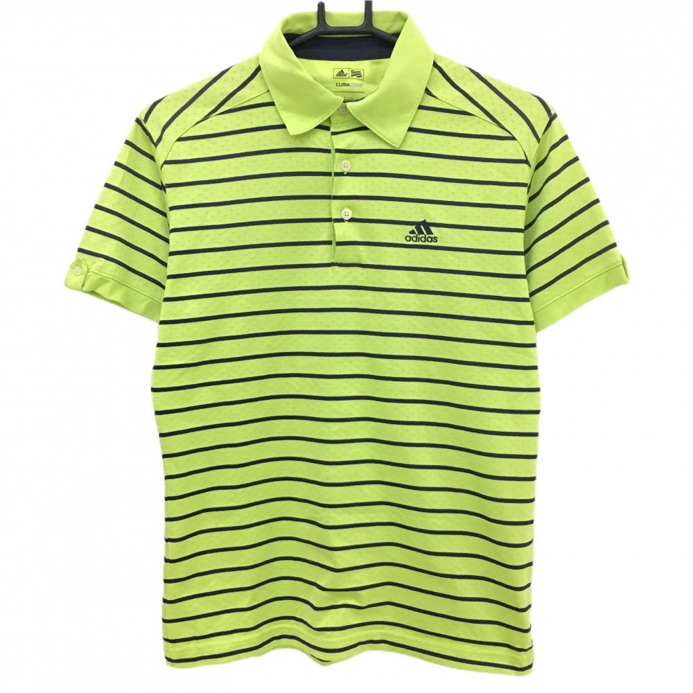 【超美品】アディダス 半袖ポロシャツ ライトグリーン×黒 ボーダー ロゴ刺しゅう CLIMACOOL メンズ S/P ゴルフウェア adidas