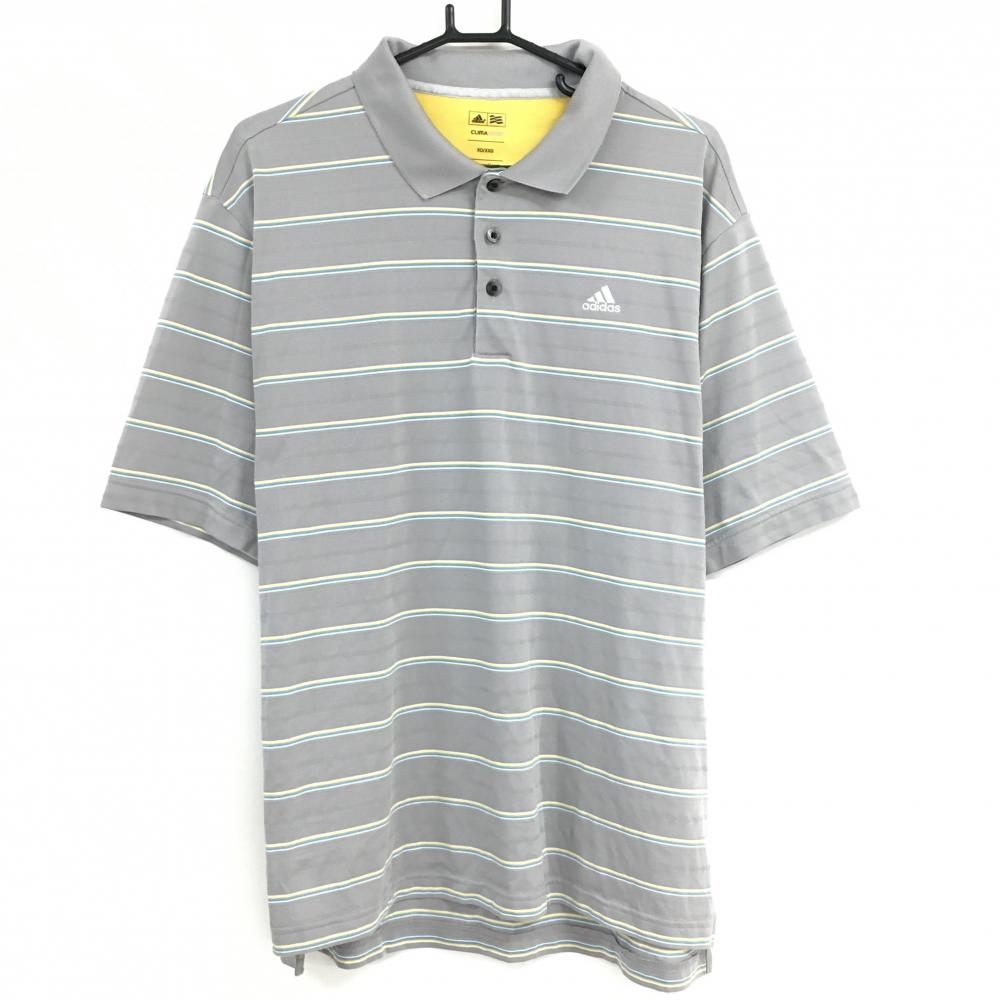 【超美品】アディダス 半袖ポロシャツ グレー×イエロー ボーダー CLIMACOOL  メンズ XO/XXG(2XL) ゴルフウェア 大きいサイズ adidas