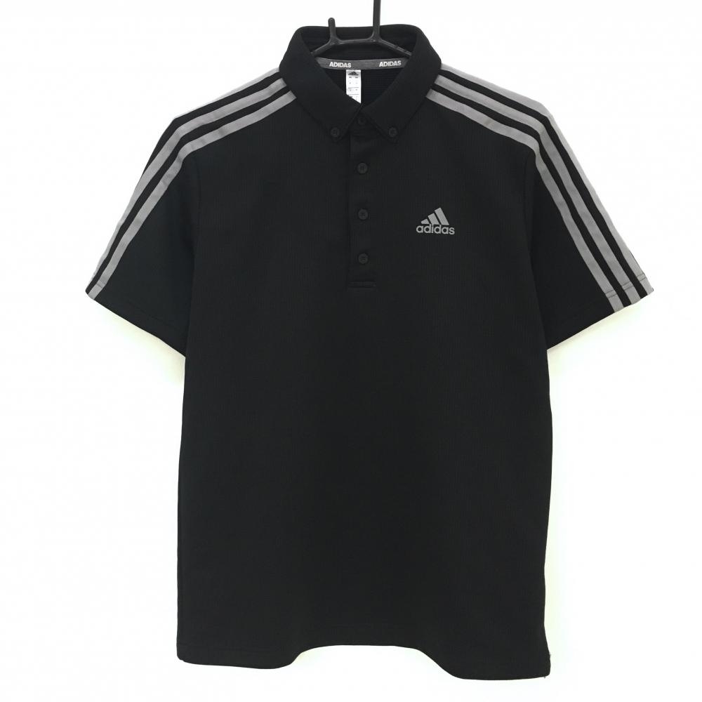 【美品】アディダス 半袖ポロシャツ 黒×グレー 織生地 ボタンダウン 袖3ライン  メンズ L ゴルフウェア adidas