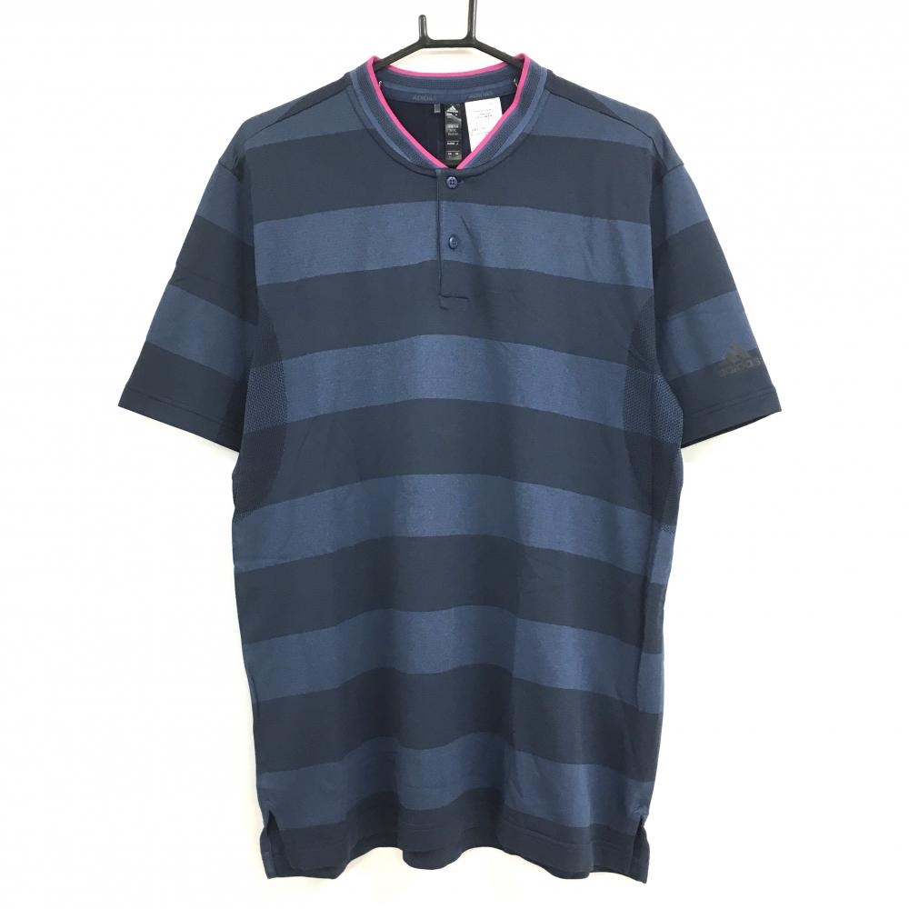 【超美品】アディダス 半袖ポロシャツ ネイビー×ダークネイビー ボーダー 袖ロゴ メンズ ASIA A/XL ゴルフウェア adidas