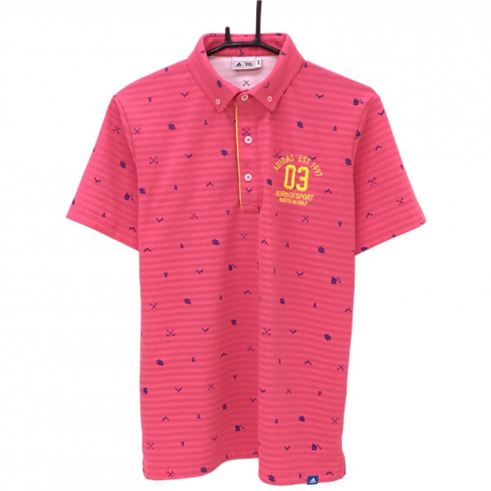 【美品】アディダス 半袖ポロシャツ ピンク×ブルー 総柄 ボタンダウン メンズ M/M ゴルフウェア adidas
