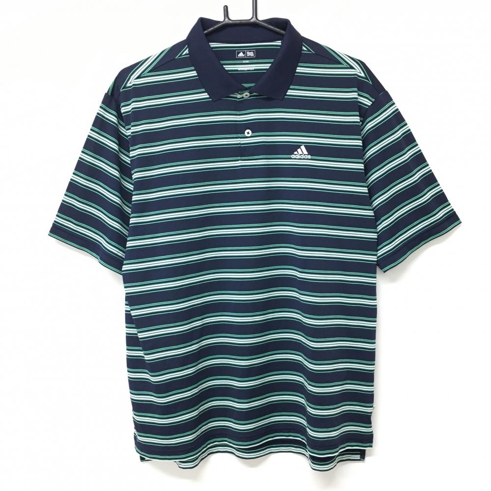 【超美品】アディダス 半袖ポロシャツ ネイビー×グリーン ボーダー メンズ O/XG ゴルフウェア adidas