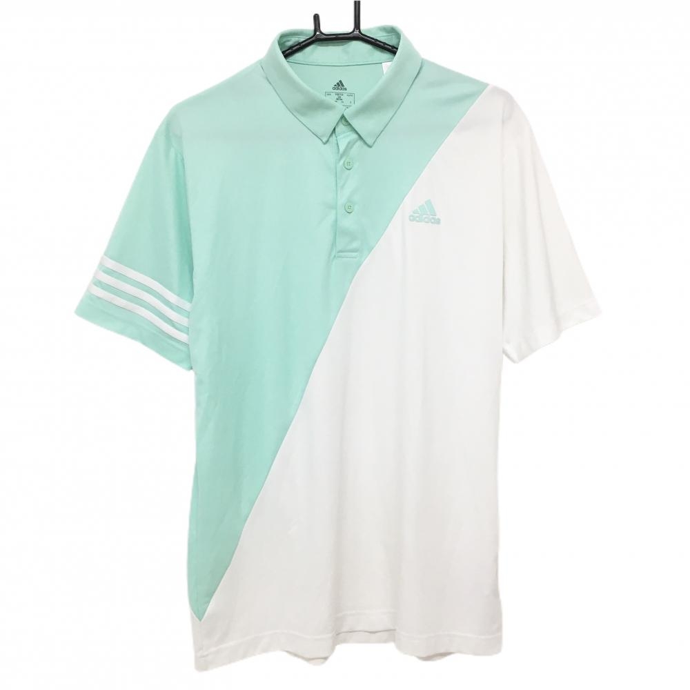 【超美品】アディダス 半袖ポロシャツ ライトグリーン×白 バイカラー AEROREADY 3ライン メンズ XO(2XL) ゴルフウェア adidas