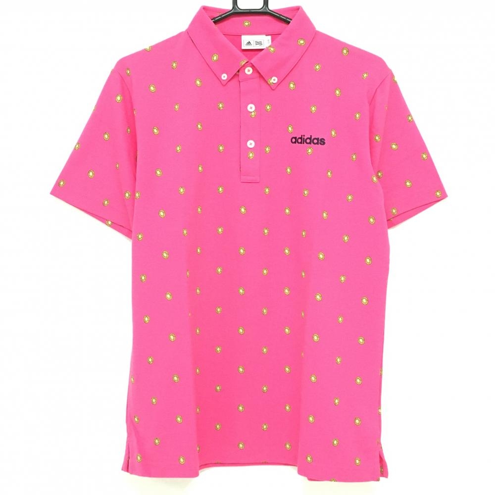 【超美品】アディダス 半袖ポロシャツ ピンク×グリーン キウイフルーツ柄 ボタンダウン メンズ L/G ゴルフウェア adidas