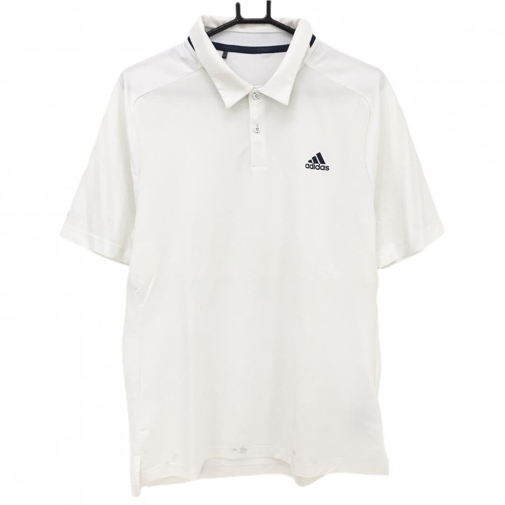 アディダス 半袖ポロシャツ 白 ロゴネイビー 袖3ライン 切替  メンズ O(XL) ゴルフウェア adidas