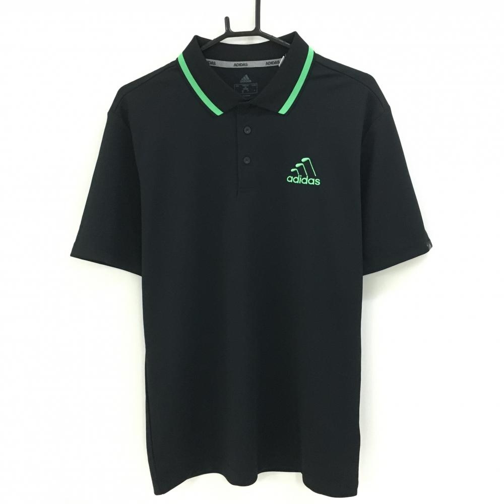 【超美品】アディダス 半袖ポロシャツ 黒×グリーン ロゴ刺しゅう メンズ O ゴルフウェア adidas