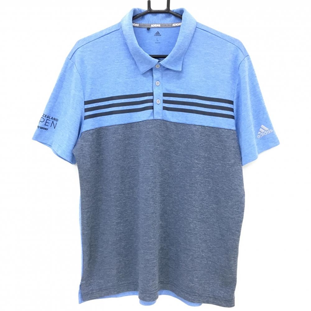 アディダス 半袖ポロシャツ 杢ブルー×杢ネイビー 胸3ライン NEWZEALAND OPEN メンズ L ゴルフウェア adidas