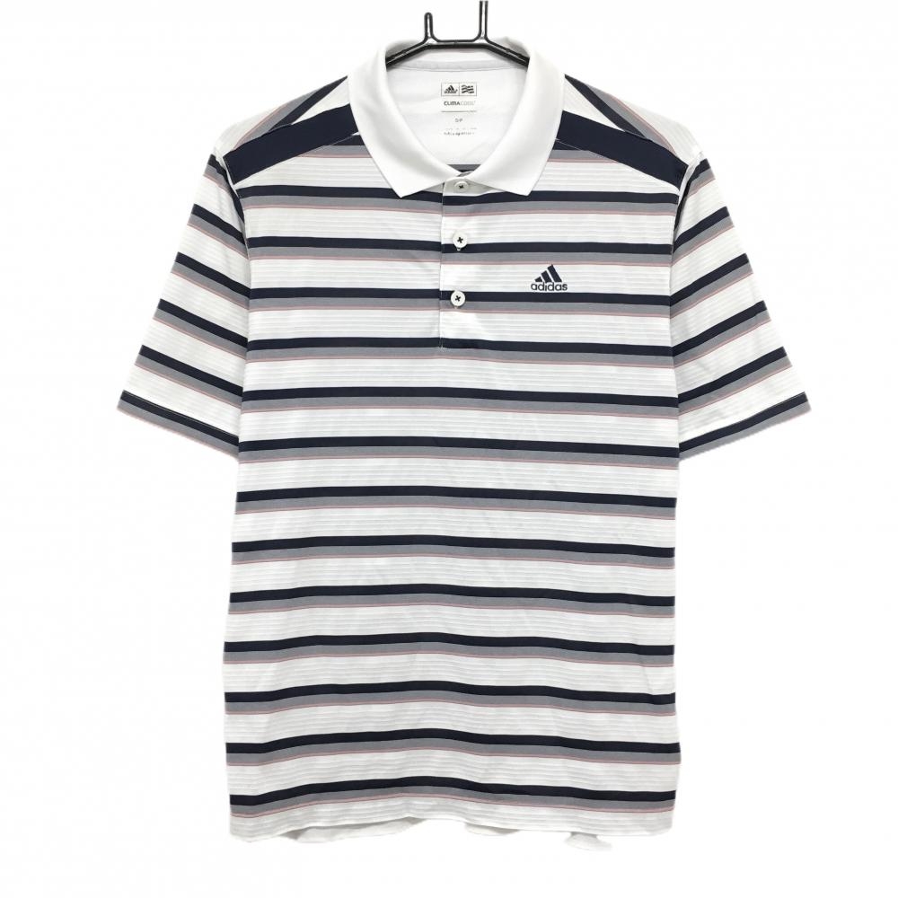 アディダス 半袖ポロシャツ 白×ネイビー ボーダー メンズ S/P ゴルフウェア adidas