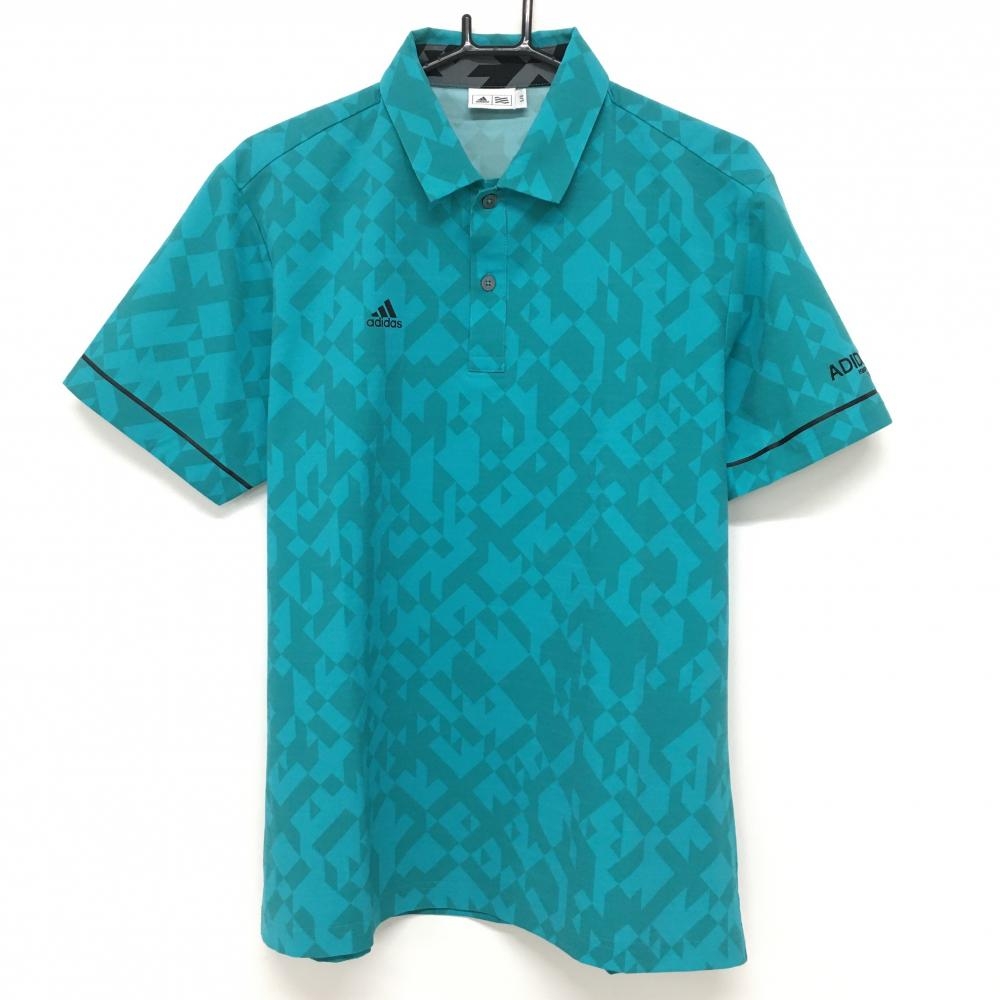 【美品】アディダス 半袖ポロシャツ グリーン 総柄 袖ロゴ刺しゅう メンズ L/G ゴルフウェア adidas