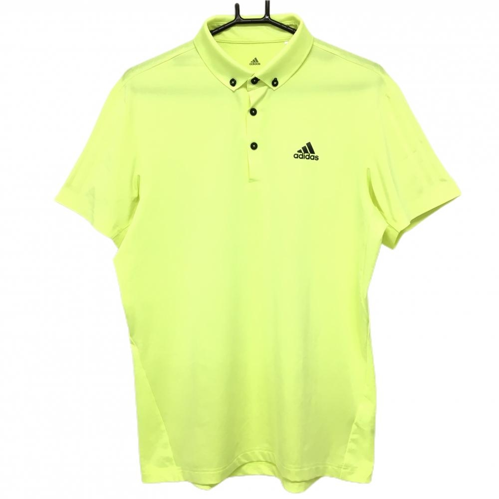 【美品】アディダス 半袖ポロシャツ 蛍光イエロー ボタンダウン 袖3ライン メンズ L ゴルフウェア adidas