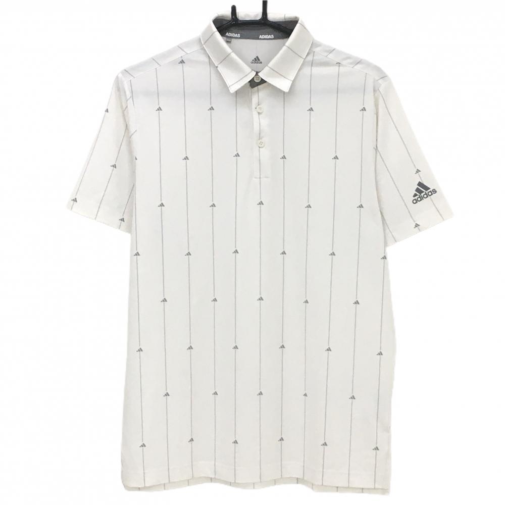 アディダス 半袖ポロシャツ 白×グレー ストライプ ロゴ柄 メンズ M ゴルフウェア adidas