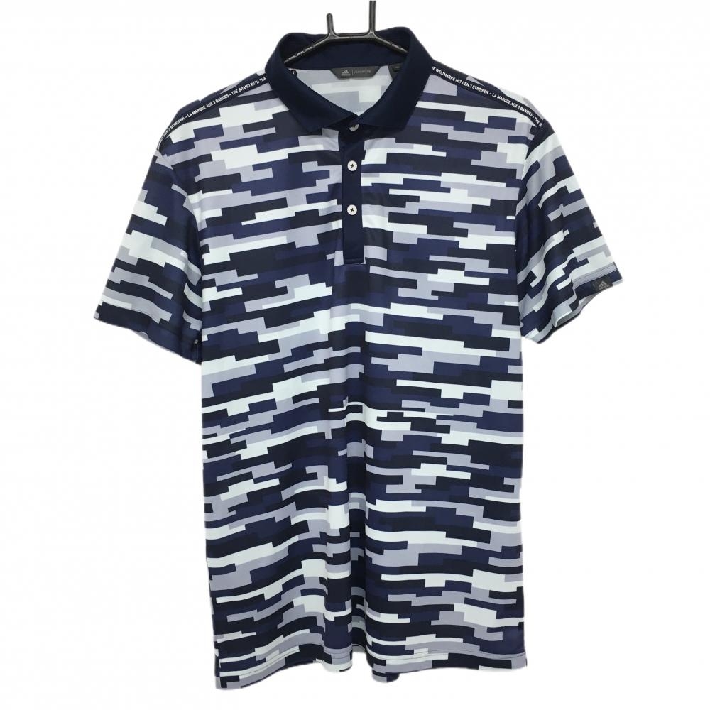 アディダス 半袖ポロシャツ ネイビー×グレー 総柄 肩英字ライン  メンズ XO ゴルフウェア adidas