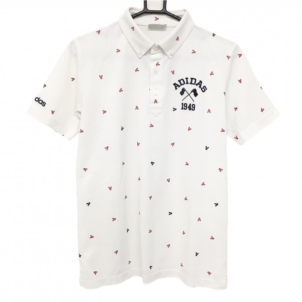 アディダス 半袖ポロシャツ 白×レッド アルファベット総柄 ボタンダウン メンズ S/P ゴルフウェア adidas
