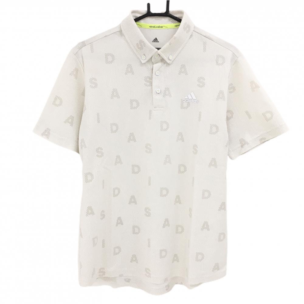 【美品】アディダス 半袖ポロシャツ 白×ライトベージュ 総柄 ボタンダウン 胸元ロゴ  メンズ O ゴルフウェア adidas