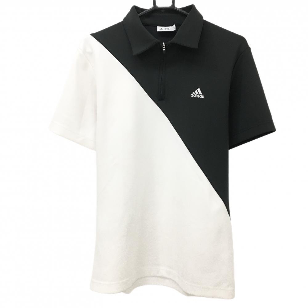 【美品】アディダス 半袖ポロシャツ 白×黒 ロゴ刺しゅう ハーフジップ メンズ L/G ゴルフウェア adidas