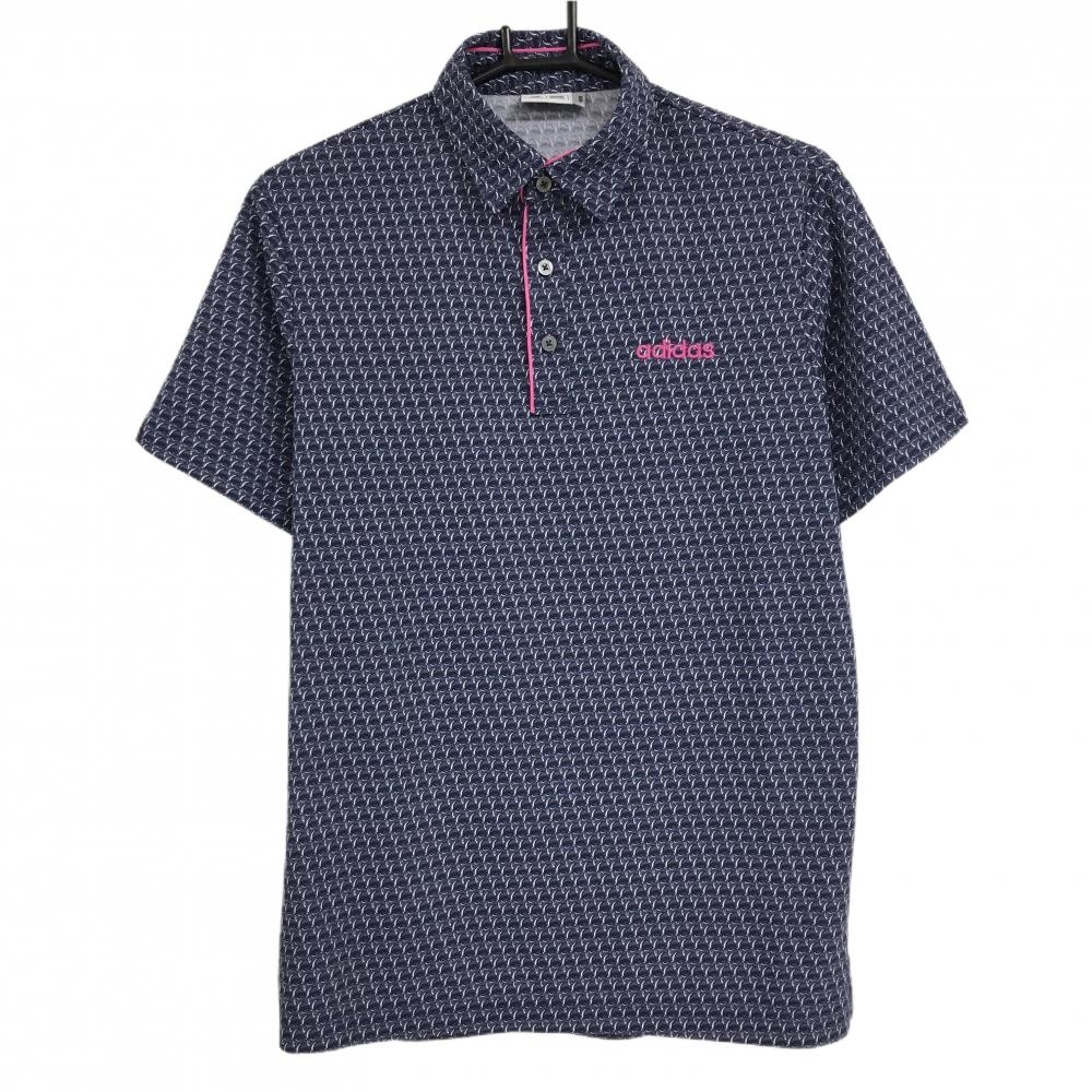 【超美品】アディダス 半袖ポロシャツ パープルグレー×白 総柄 ロゴピンク メンズ M/M ゴルフウェア adidas