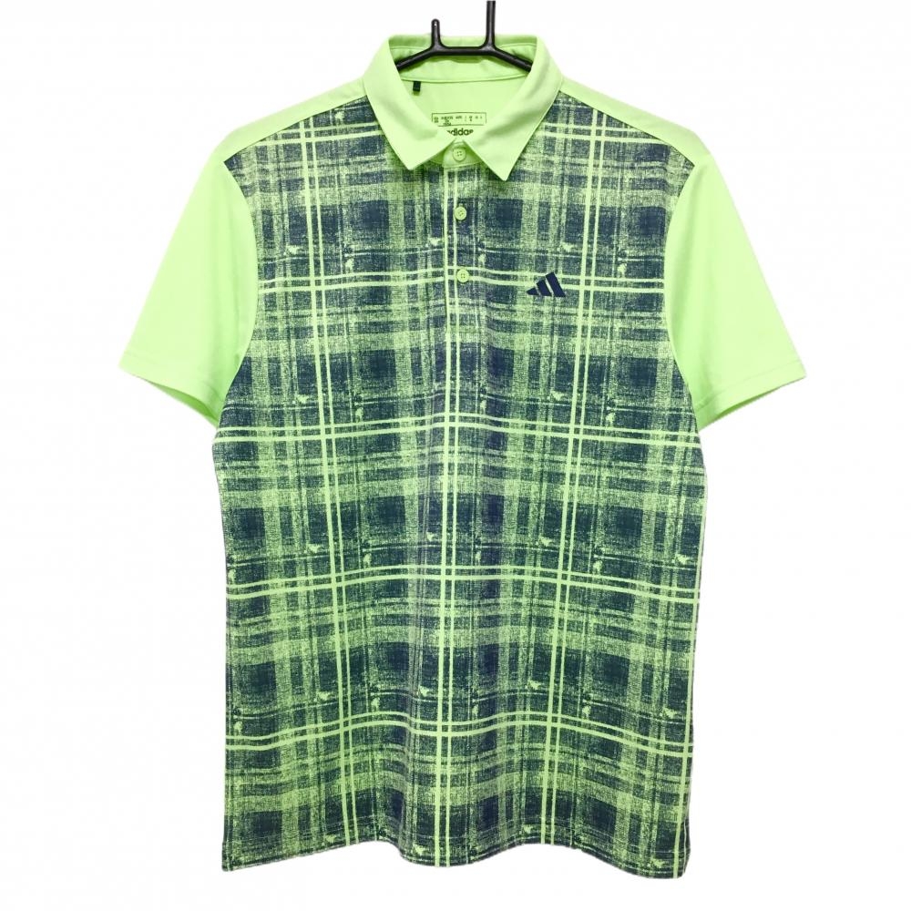 【超美品】アディダス 半袖ポロシャツ 蛍光グリーン×ネイビー 前面チェック ロゴ メンズ L ゴルフウェア 2023年モデル adidas