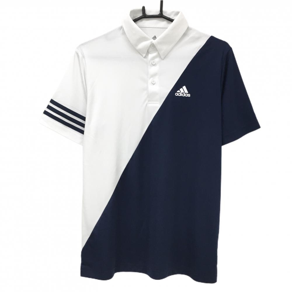 【美品】アディダス 半袖ポロシャツ 白×ネイビー 袖3ライン 胸元ロゴ メンズ L ゴルフウェア adidas