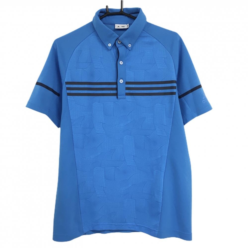 【超美品】アディダス 半袖ポロシャツ ライトブルー系×ネイビー 前身頃柄 胸元3ライン 袖ロゴ メンズ O/XG(XL) ゴルフウェア adidas