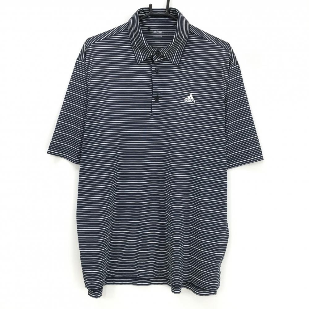 アディダス 半袖ポロシャツ ネイビー×白 ボーダー ロゴ刺しゅう メンズ  ゴルフウェア 大きいサイズ adidas