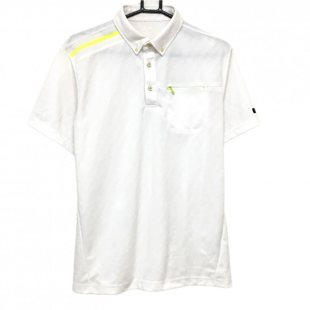 【美品】アディダス 半袖ポロシャツ 白×ライトグリーン 斜めストライプ地模様 ボタンダウン  メンズ L/G ゴルフウェア adidas