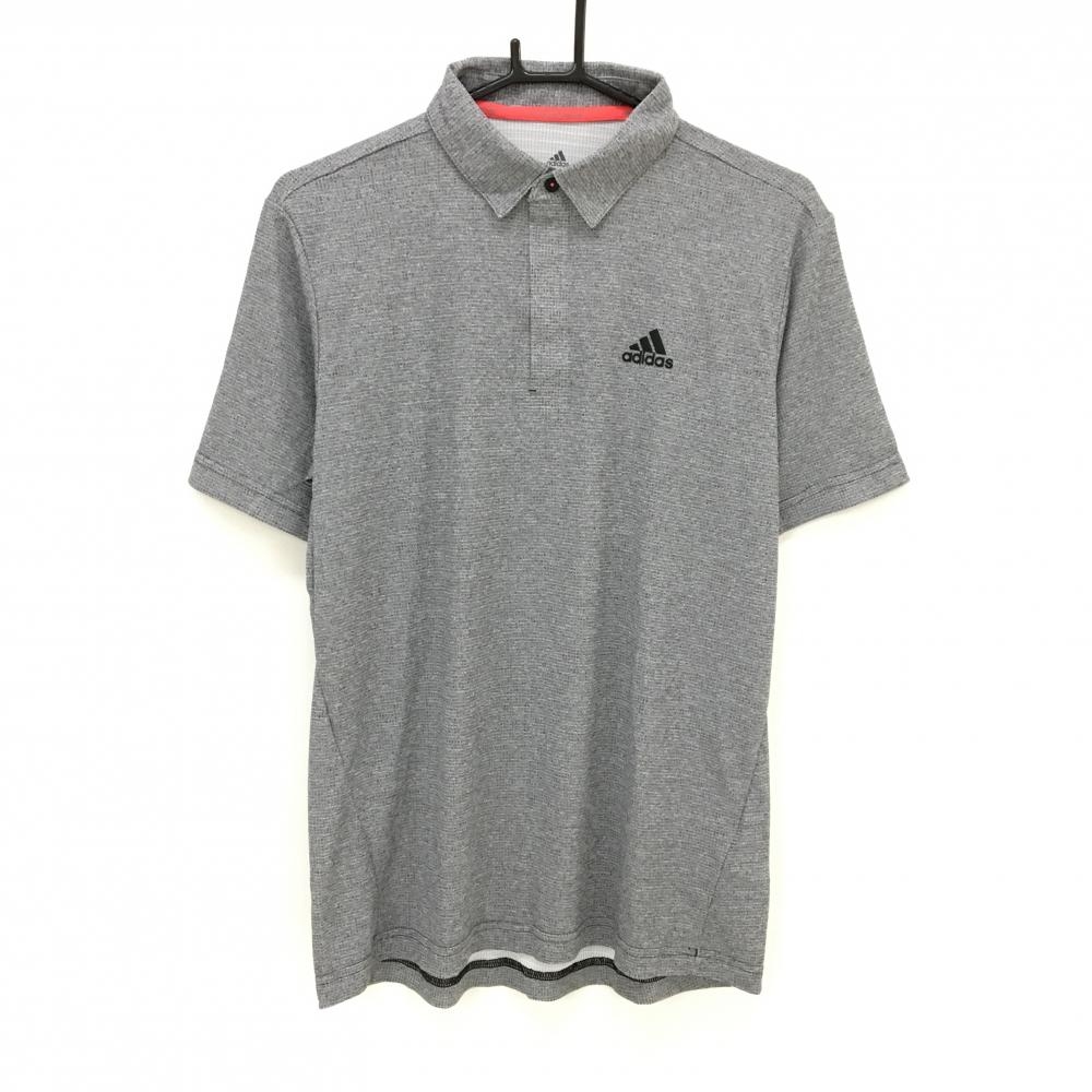 【超美品】アディダス 半袖ポロシャツ 杢グレー 細目格子 ロゴ黒 メンズ L ゴルフウェア adidas