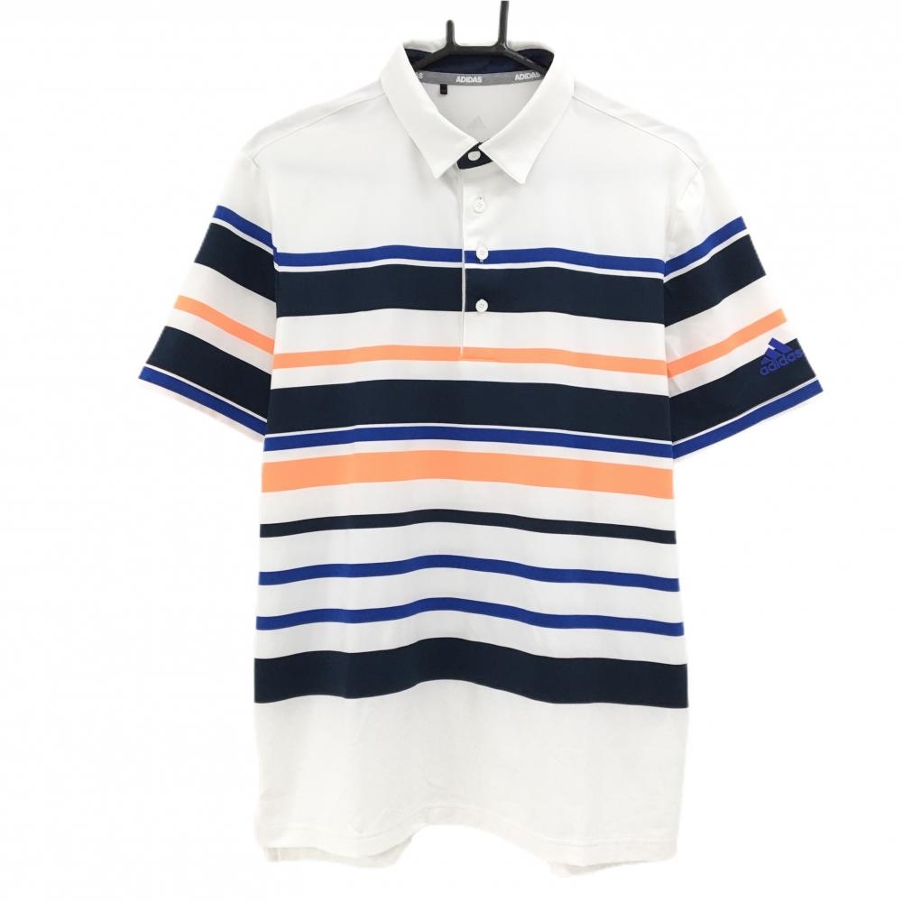 【美品】アディダス 半袖ポロシャツ 白×ネイビー×オレンジ ボーダー風 メンズ L ゴルフウェア adidas