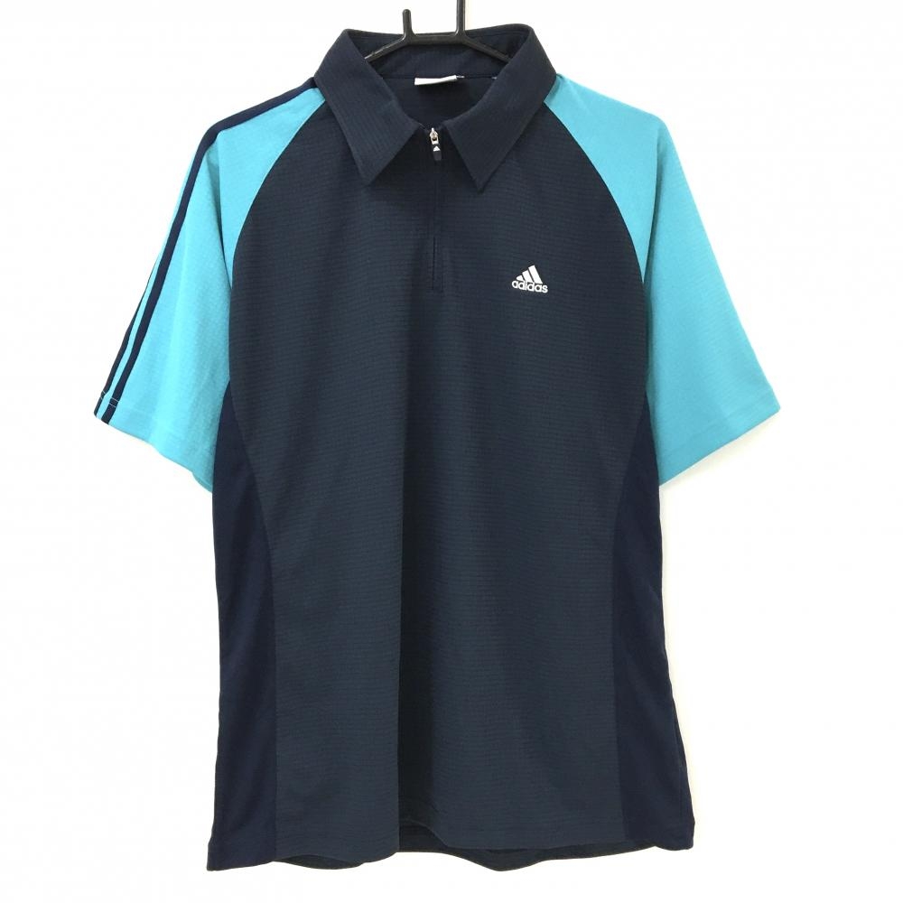 【美品】アディダス 半袖ポロシャツ ネイビー×ブルーグリーン 袖3ライン  メンズ XO/XXG(2XL) ゴルフウェア 大きいサイズ  adidas